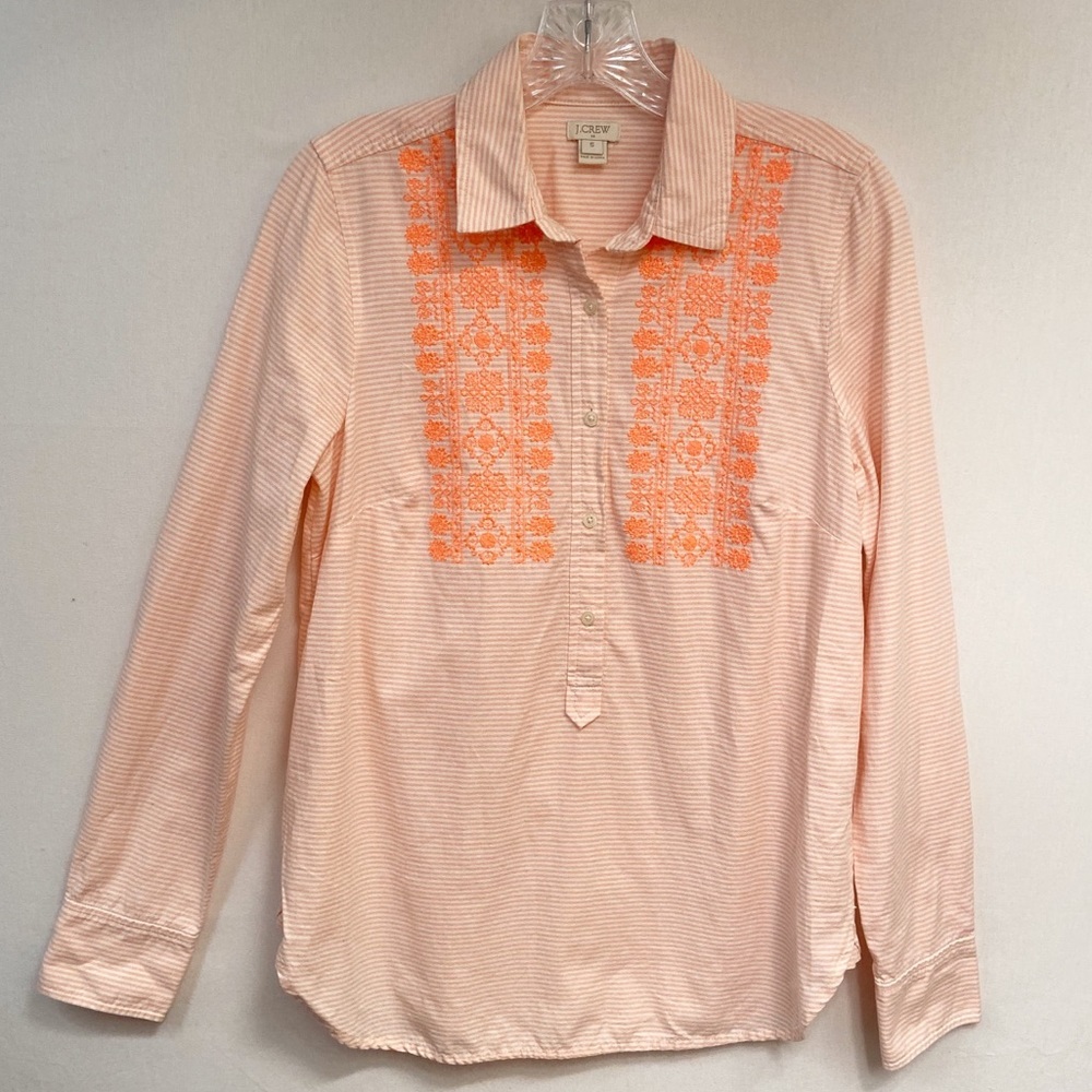 J. Crew Factory Peach Button Half-Placket Top with Orange Embroidery